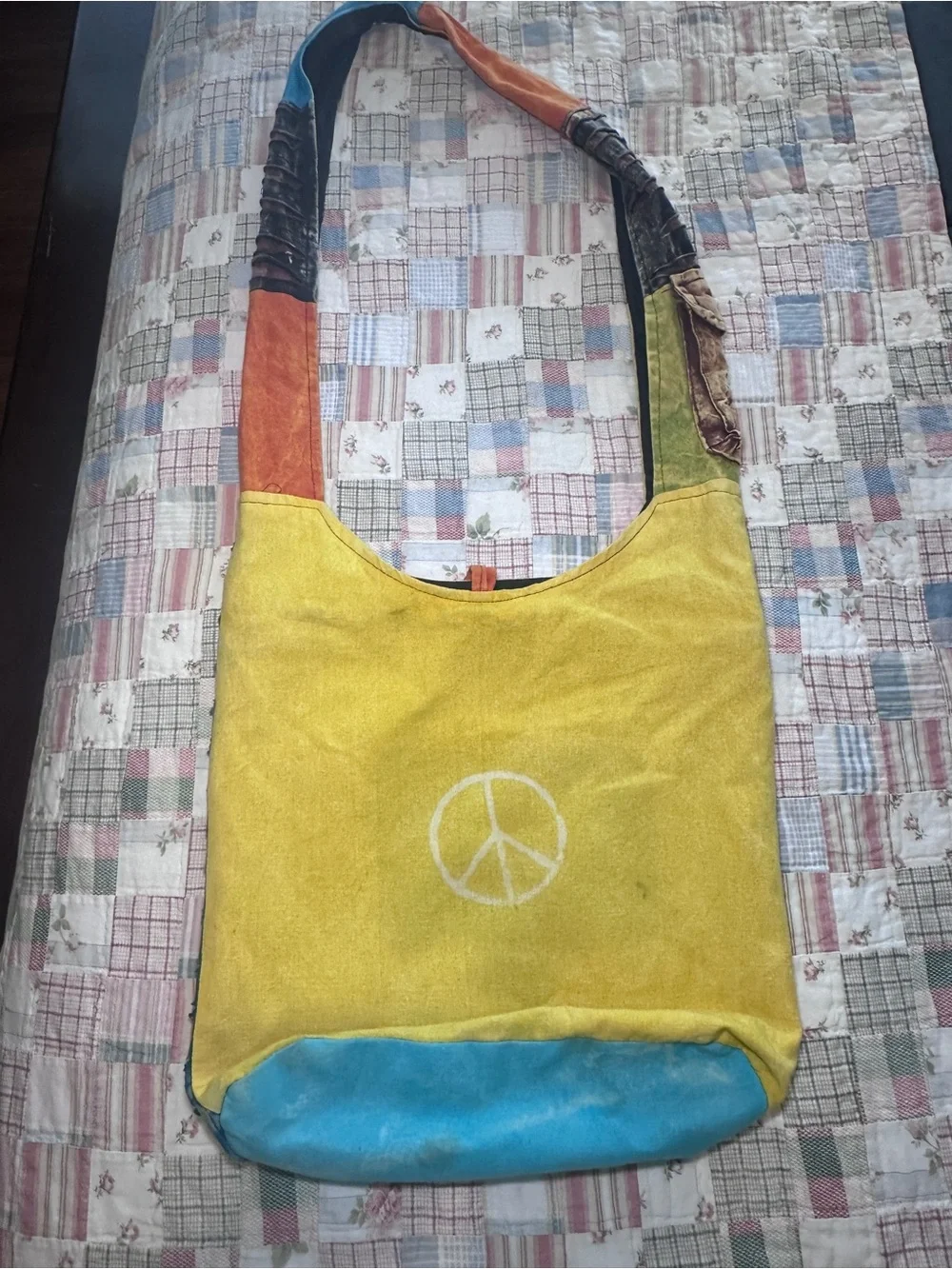 Multicolor Patchwork Shoulder Bag with Peace Motif
